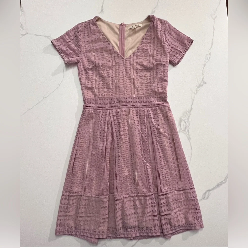 miami | Dresses | Miami Womens Lace Mini Dress Dusty Rose Pink Fit Flare  Short Sleeve Lined | Poshmark